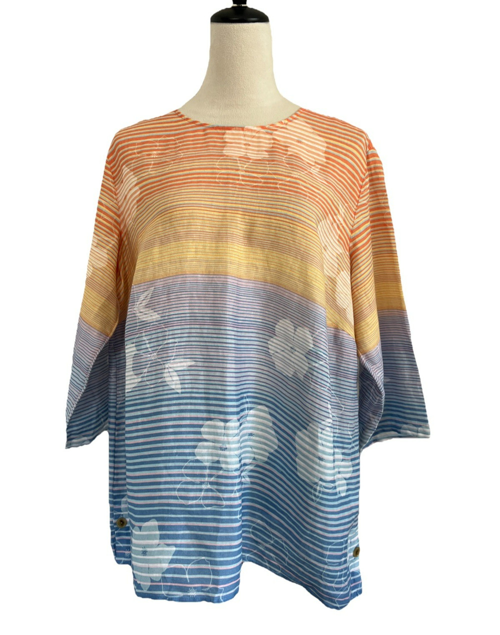 J. Jill Love Linen Tunic Top 100% Linen 1X Floral Sunset Blouse 3/4 Sleeves NWT